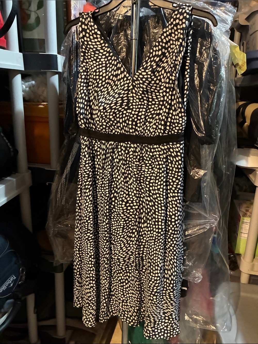 Donna Karan Black and White Dot V‑Neck Midi Dress